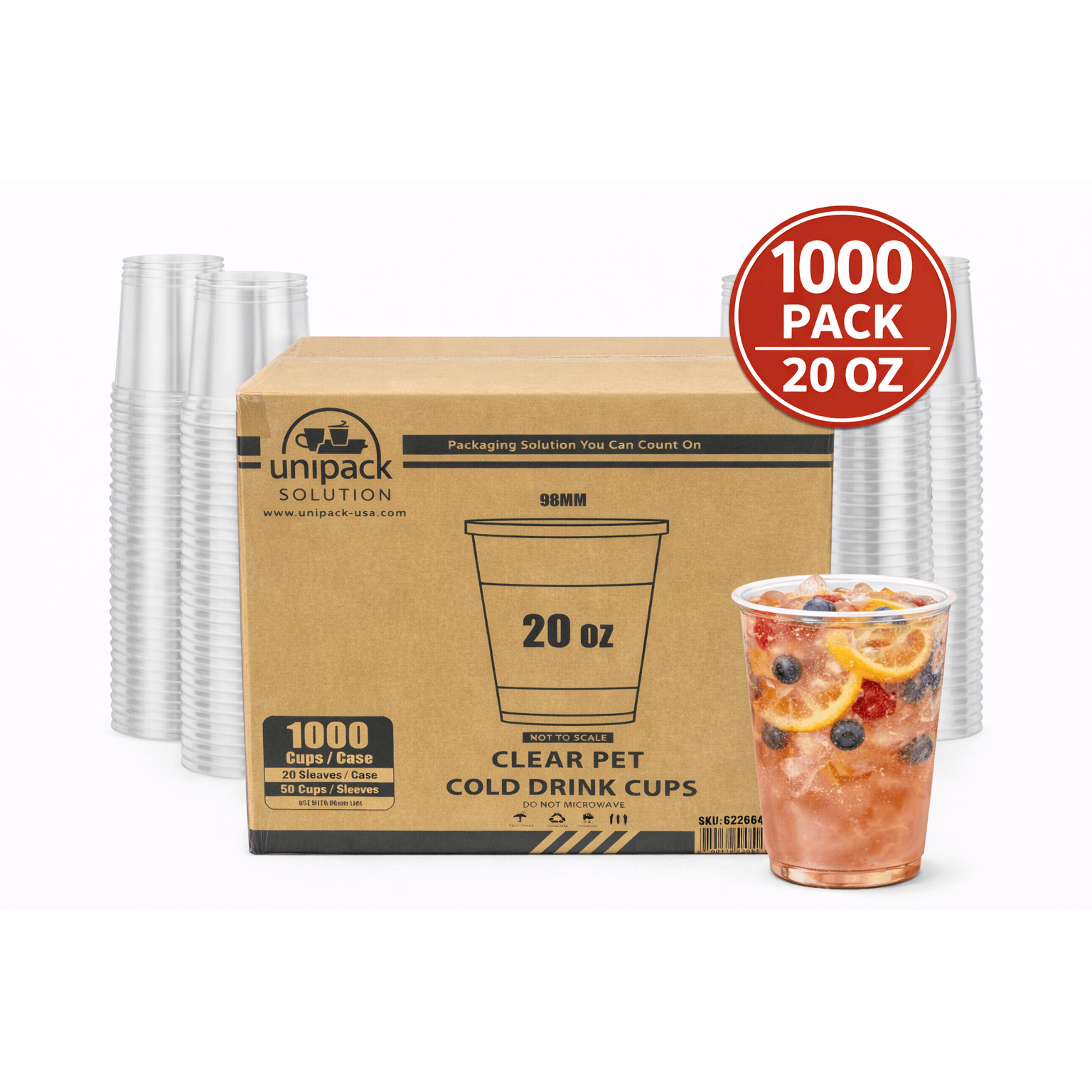 20oz 98mm Rim Clear PET Disposable Cold Cup  -1000 Count