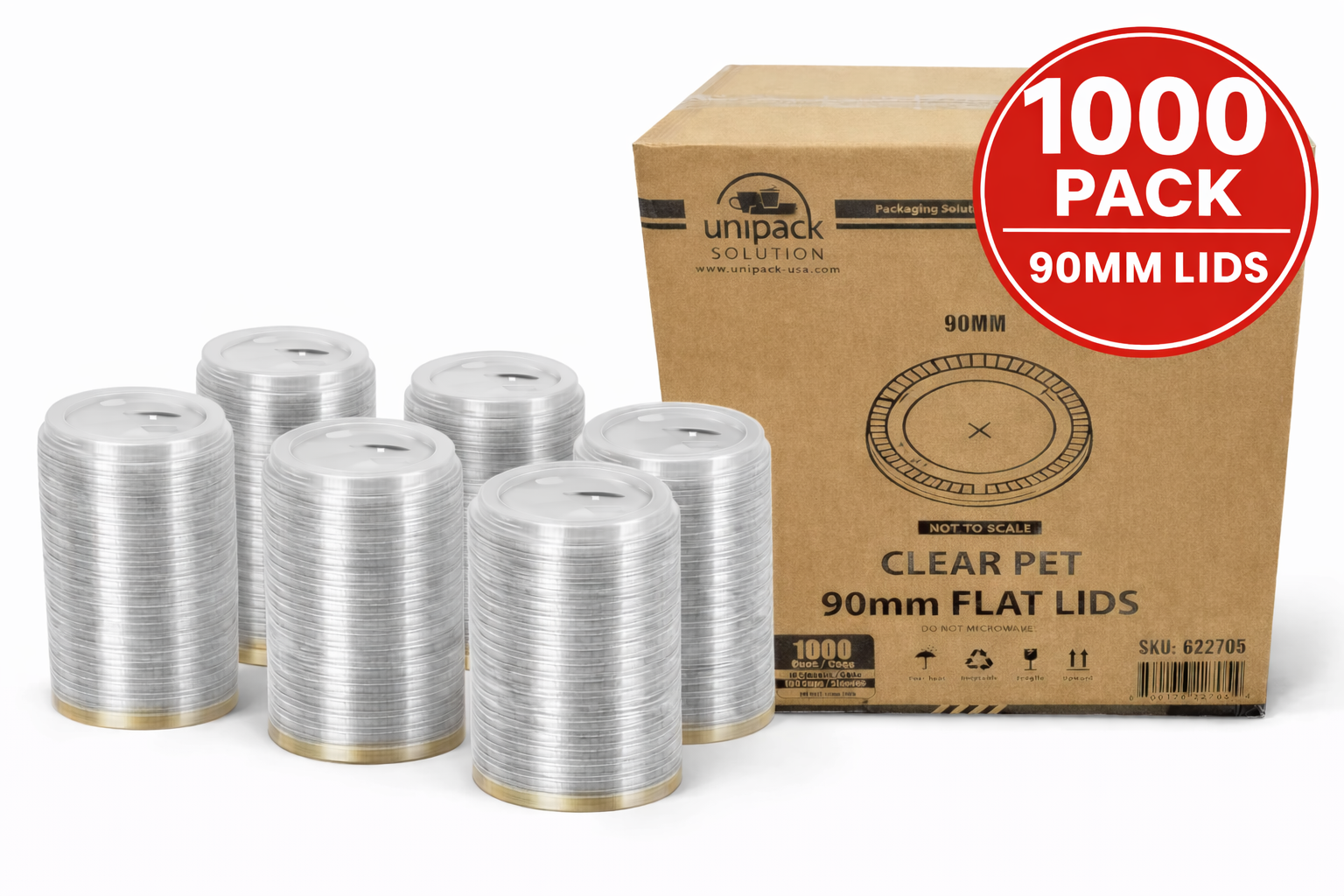 90mm Flat Clear PET Disposable Cold Cup Lids - 1000 Count